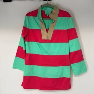 STS Sail to Sable Striped Tunic Top Women's M Pink & Green Colorblock 3/4 Sleeve